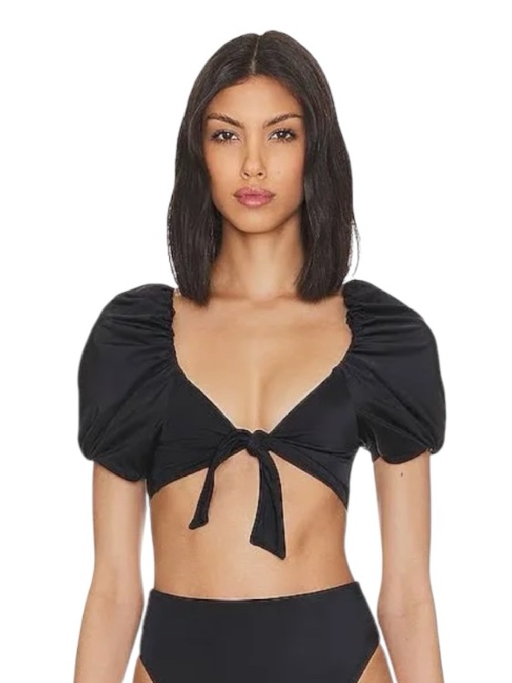Cleobella Maude Bikini Top Small Black Puff Sleeve Tie Front NWT Swim $138